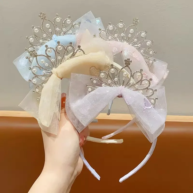 Princess temperament, crown headpiece, little girl's mesh, bow, pearl headband, pleated lace, embroidered headband, hairpin image 3