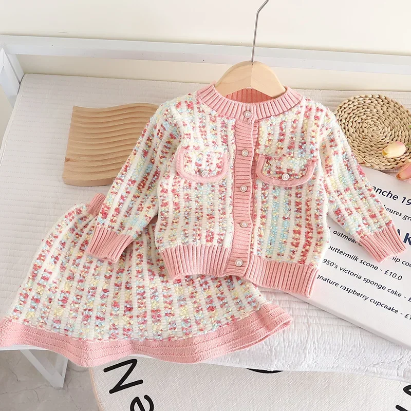 Girls Set 2024 New Sweater Jacket Colorful Skirt Cute Gentle and Sweet Two Piece Set Girls Autumn Clothes Striped Sweet