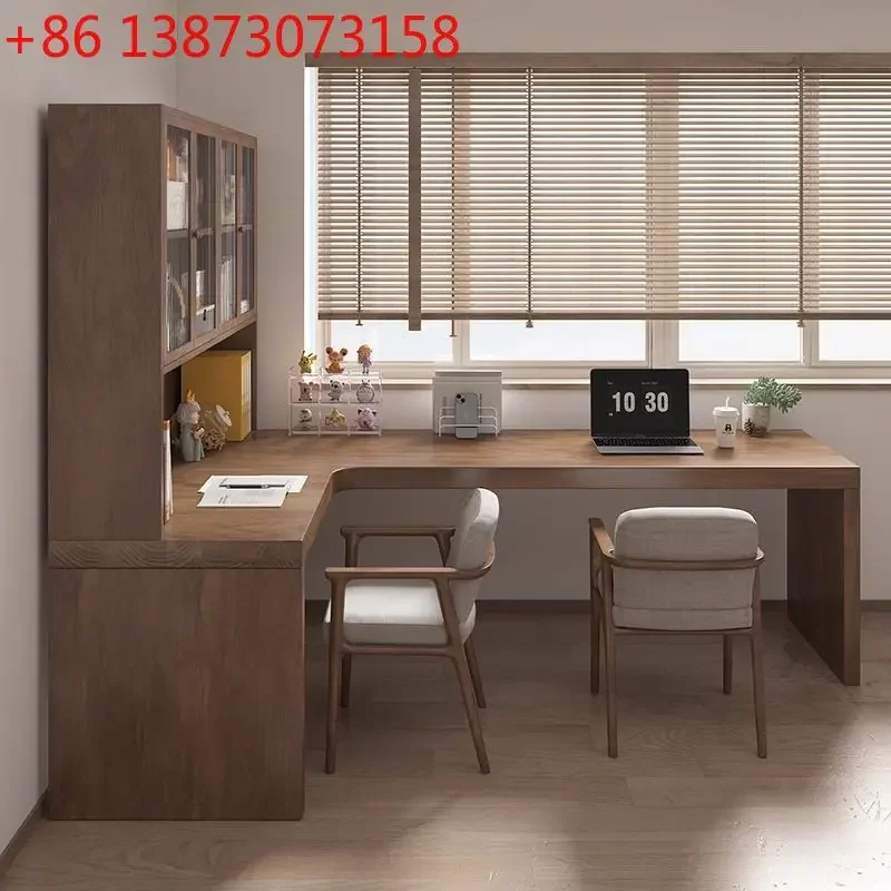 All solid wood corner desk bookshelf bookcase bedroom office student writing L-shaped 7 double computer desk corner against