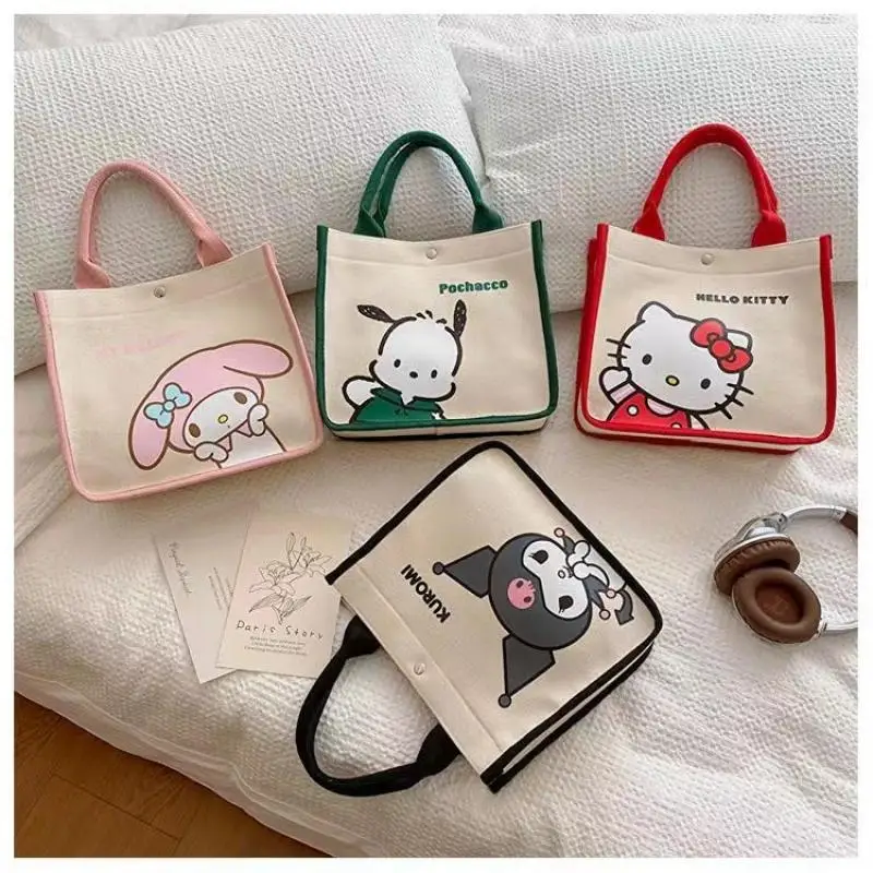 

Japanese Sanrio Cartoon Canvas Bag Makeup Bag Kawaii Hellokitty Kuromi Handbag Student Portable Lunch Bag Female Gift