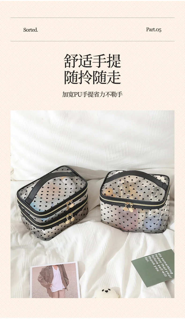Doppelschichtige schwarze Mesh-Kosmetiktasche für Reisen, tragbar, großes Fassungsvermögen, Make-up-Koffer, Organizer, Aufbewahrungstasche, Kulturbeutel mit Reißverschluss – Detail 8