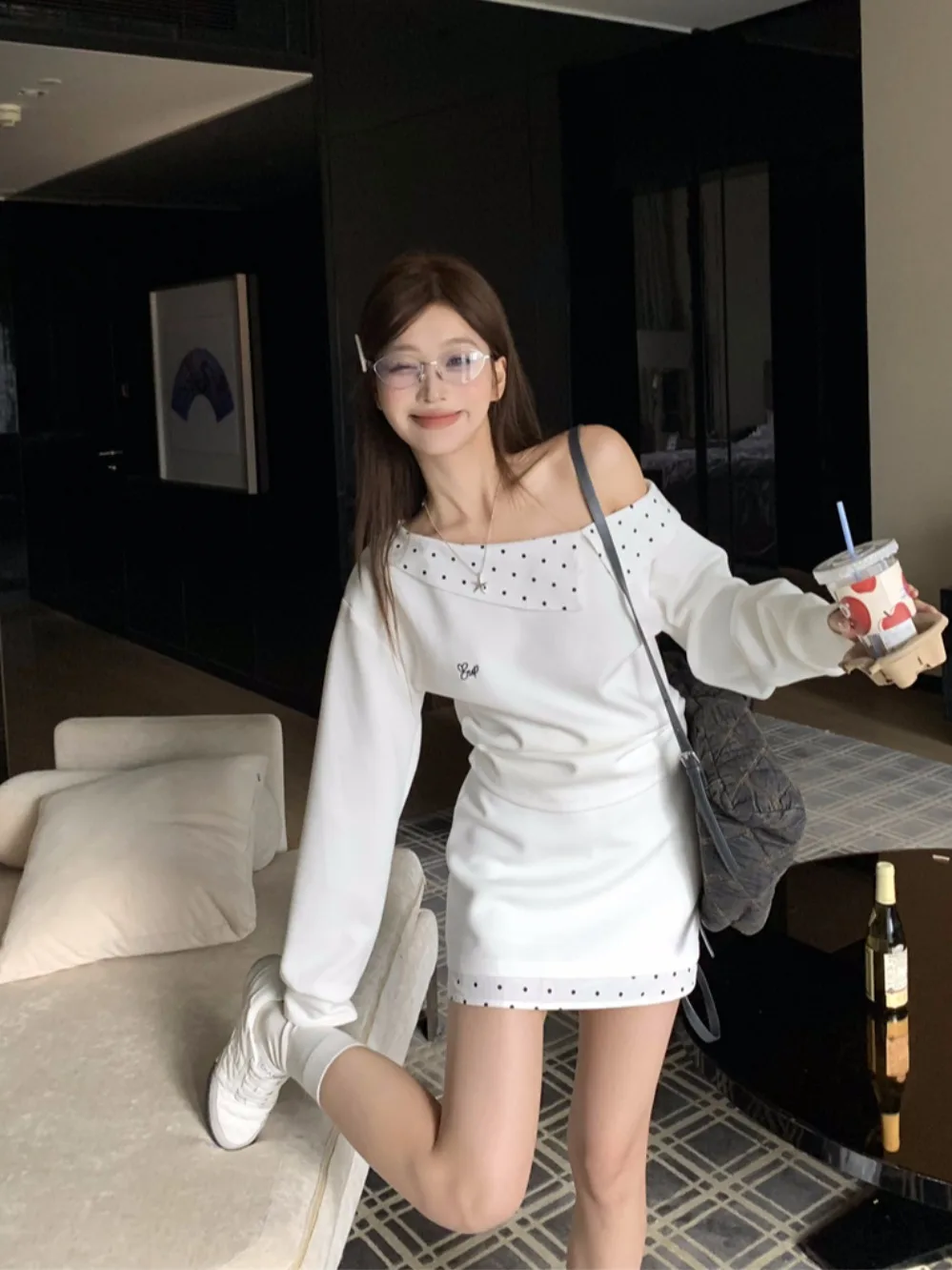 

White Polka Dot Asymmetrical Long Sleeve T-Shirt And Bodycon Short Skirt Two Piece Set for Women Spring Autumn Casual Style