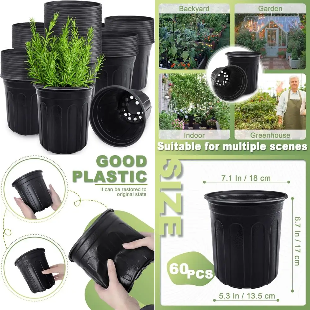 

Anyumocz 60 шт. 1 галлон гибкие детские горшки для растений, утолщенный мягкий пластиковый горшок для рассады с отверстиями, контейнер для цветочных растений для S