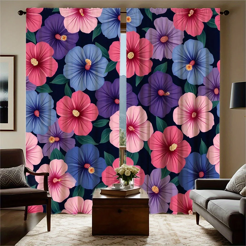 2pcs Vibrant Floral Print Curtains - Pink, Blue & Purple Flowers on Dark Background, Semi-Transparent Polyester Fabric, Rod Pock