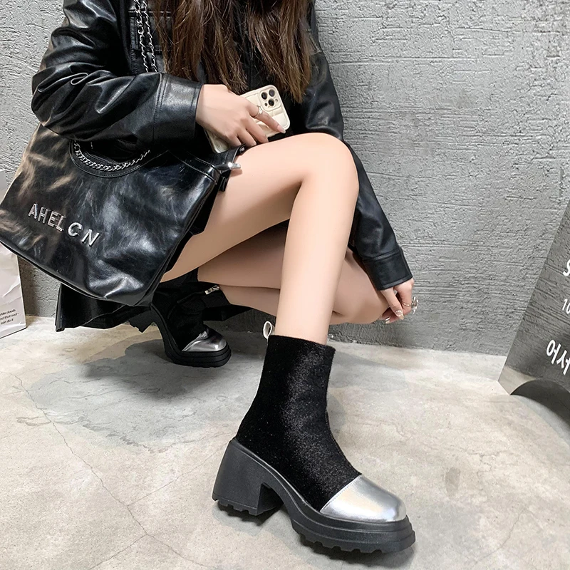 Thick-soled Round-toe Cigar Boots Women\'s High-heel Wide-step Short Boots Mid-calf Thick-soled Slim Arrival Autumn/winter