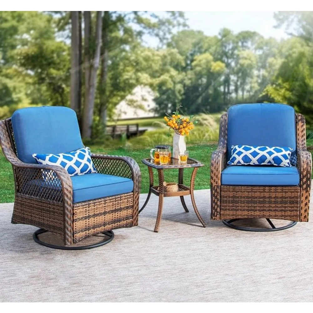 

PHI VILLA Oversized Outdoor Swivel Rocker Chairs Set 3 Piece with 1 Table 2 Rocking Chairs Support 350lbs Navy Blue Wicker Patio