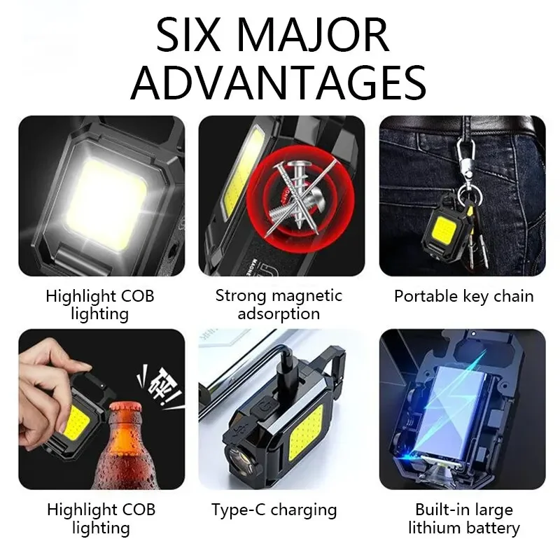 Mini LED Flashlight Keychain Light Double COB Lights USB Rechargeable Work Lights Fishing Lanterna with Magnet Built-in Battery