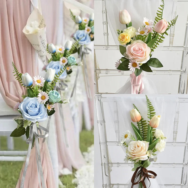 

Fresh outdoor wedding chair tie flower for door handle stairs tied flowers church wedding car floral decoration