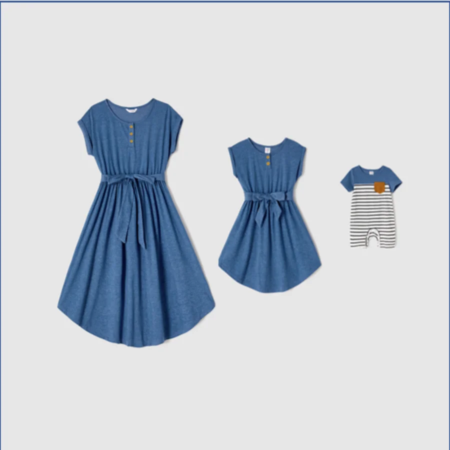 

PatPat Mom And Me Outfits Blue Cap-sleeve Belted Midi Dresses and Short-sleeve Striped Spliced T-shirts Family Looks Sets