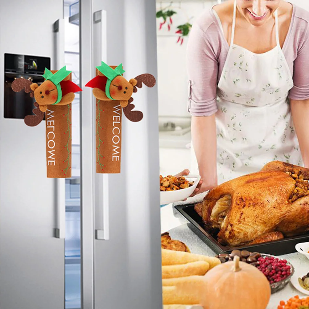

2Pcs Refrigerator Handle Covers Durable Felt Material Christmas Elk Pattern Fridge Door Protector Kitchen Appliance Guard