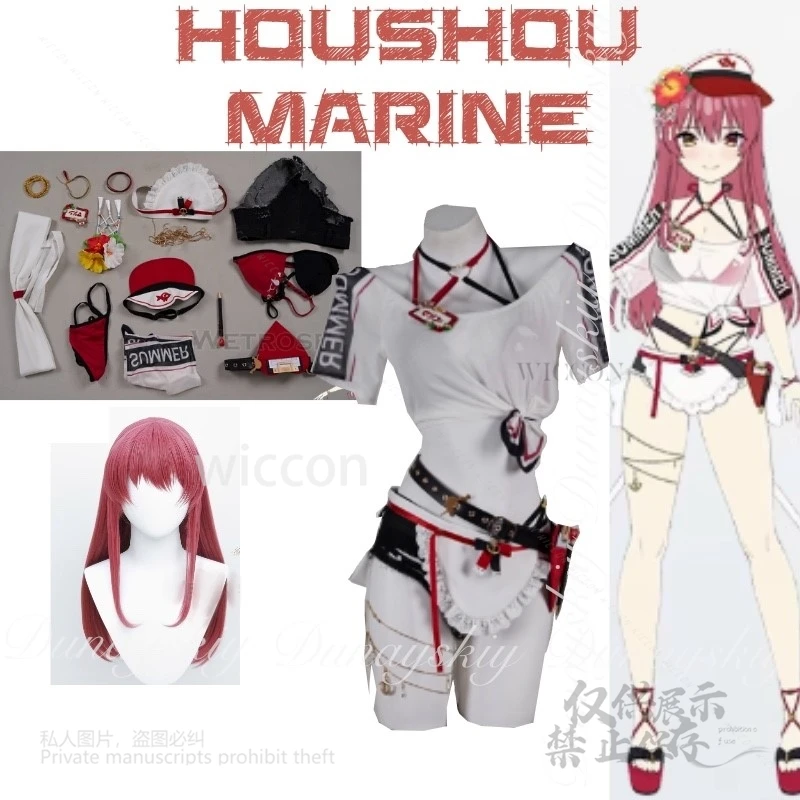 Holo live Gamers Virtual Anchor JP Houshou Marine Cosplay traje de baño de verano con peluca roja larga disfraz de Cosplay de Youtube conjunto completo