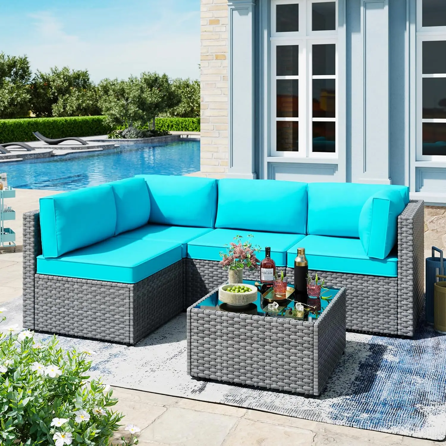 

5pcs Patio Outdoor Furniture Sets Conversation Set,Low Back All-Weather Rattan Sectional Sofa With Tea, Customized