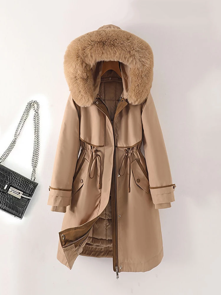 Three Wears Women\'s Mid length Fur Parka Detachable Inner Liner Cotton Padded Coat Living Lining Plus Size 3XL Outerwear Coat