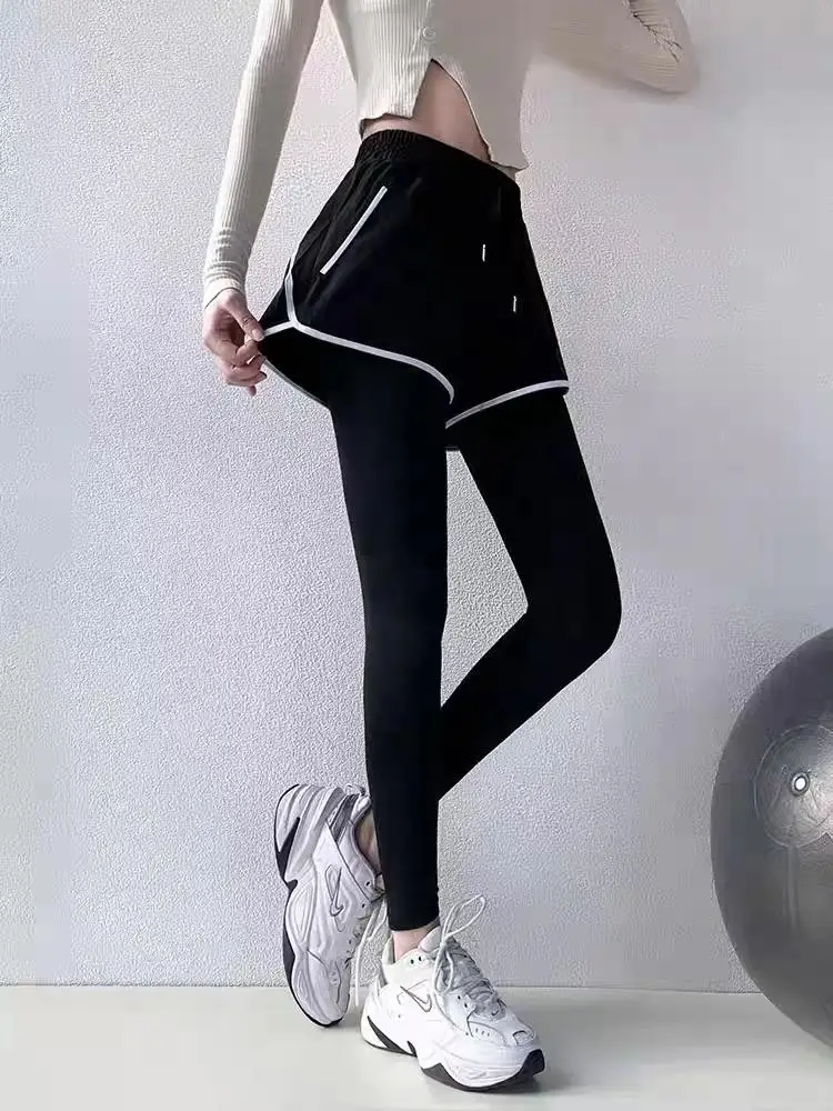 Gefälschte 2 Stück laufende Wander hose Sport enge Legging Frauen Fitness Hintern Legging Yoga hosen Gymnastik Leggings Sport bekleidung Yoga hosen