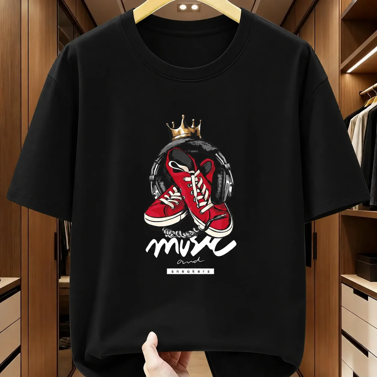 T-shirt à manches courtes en pur coton pour hommes et femmes, avec imprimés de casques audio et de chaussures rouges, thèmes musicaux tendance, pour l'été