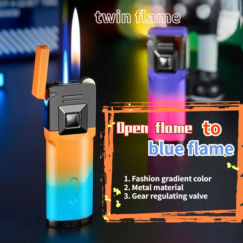 Blue Flame Metal Lighter Gradient Gas Grinding Wheel Double Flame Inflatable Open Flame Switch Men's Cigarette Accessories Gift