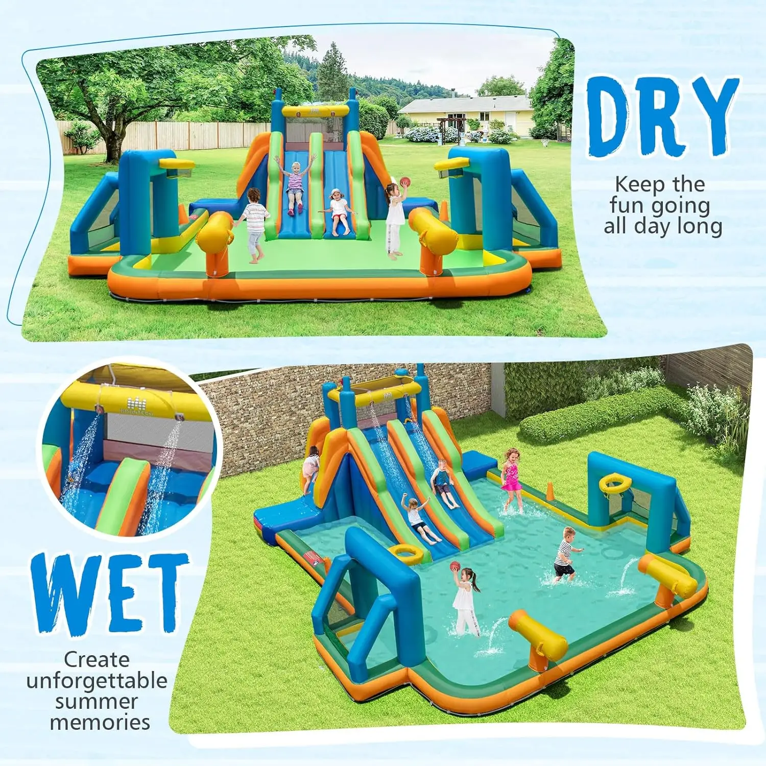 Aufblasbare Wasserrutsche, 19 x 17 Fuß Mega-Wasserrutsche für Kinder mit zwei Rutschen für Rennspaß, 1100-W-Gebläse, Spritzbecken, aufblasbares Wasser