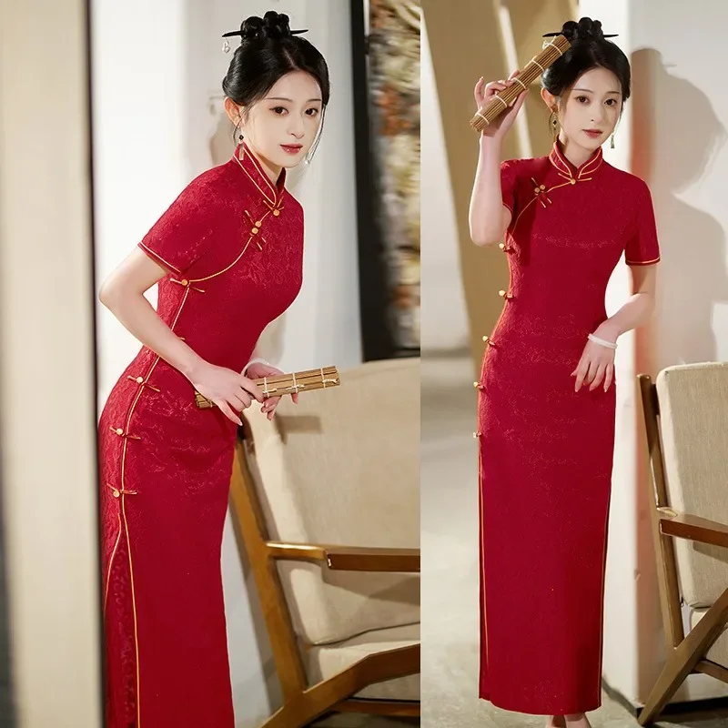 

Платье Cheongsam в китайской традиции, женское длинное вечернее платье Qipao, элегантное платье Vestidos Femme Mujer, красное свадебное платье больших размеров
