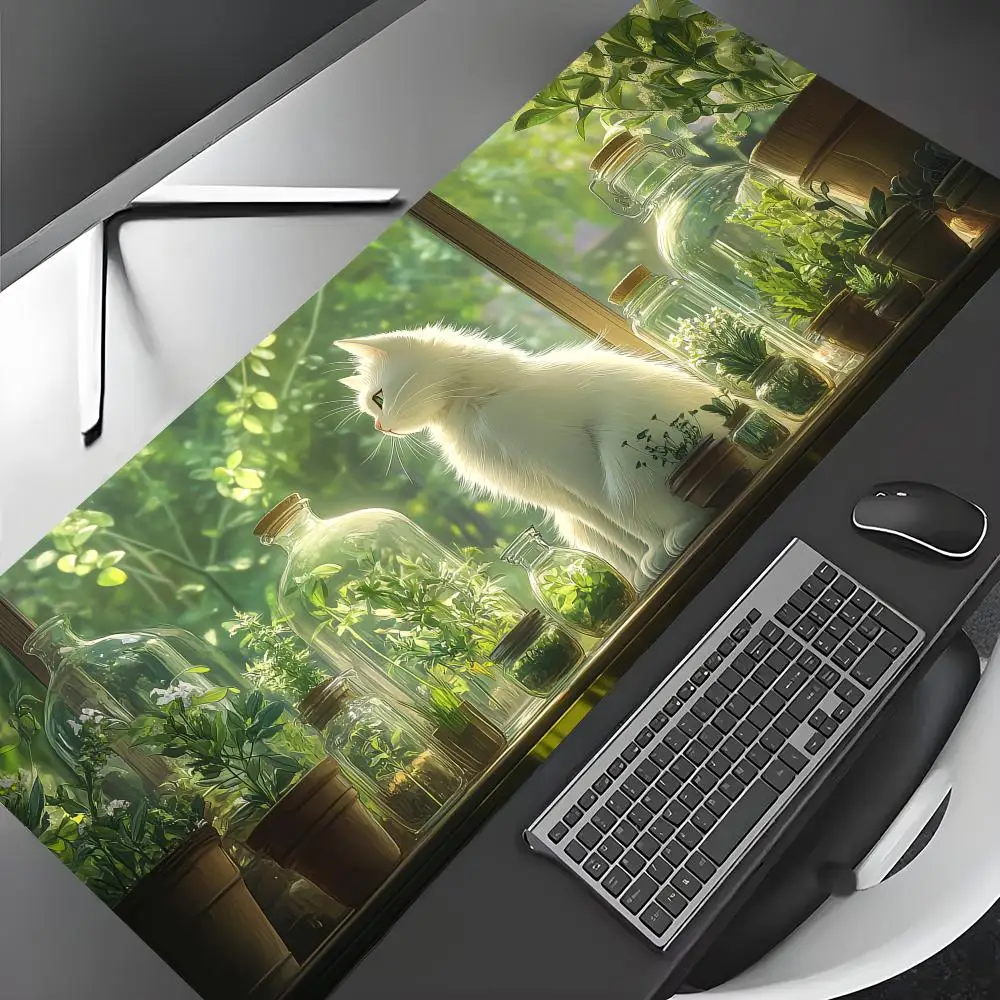 

White cat and potted plant large Mouse Pad Gaming mats Non-Slip Desk Mat mouse carpet with Stitched Edge HD printing Office mat
