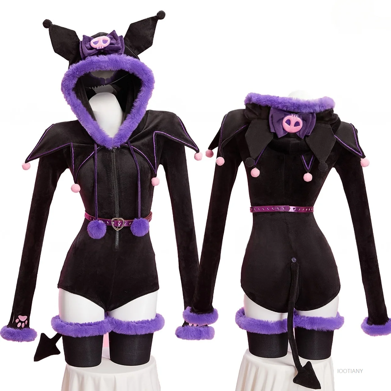 

Anime Purple Devil Cosplay Costume Women's Sexy Hooded Bodysuit Tail Socks Set Bunny Girl Cartoon Plush Pajamas Kawaii Jumpsuit
