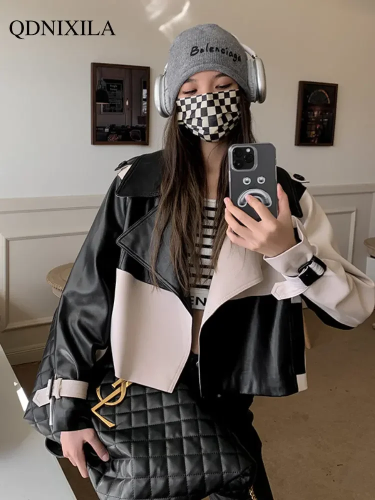 Black and White Plaid Stitching Jacket for Women, Leather Jacket, Casual Coat, Short Top, Outerwear, 2024