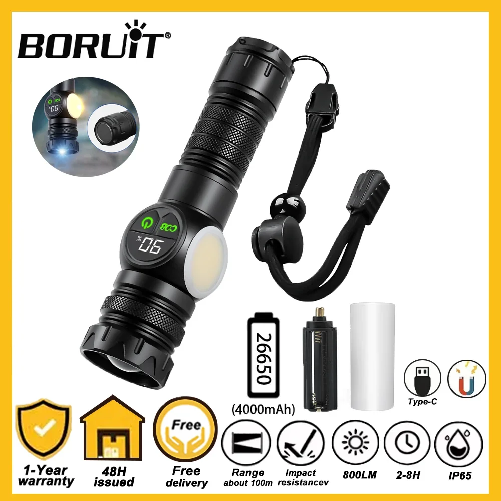 

Мощный тактический фонарь BORUiT LED с функцией зумирования, перезаряжаемый, с магнитом, для кемпинга, с цифровым индикатором заряда