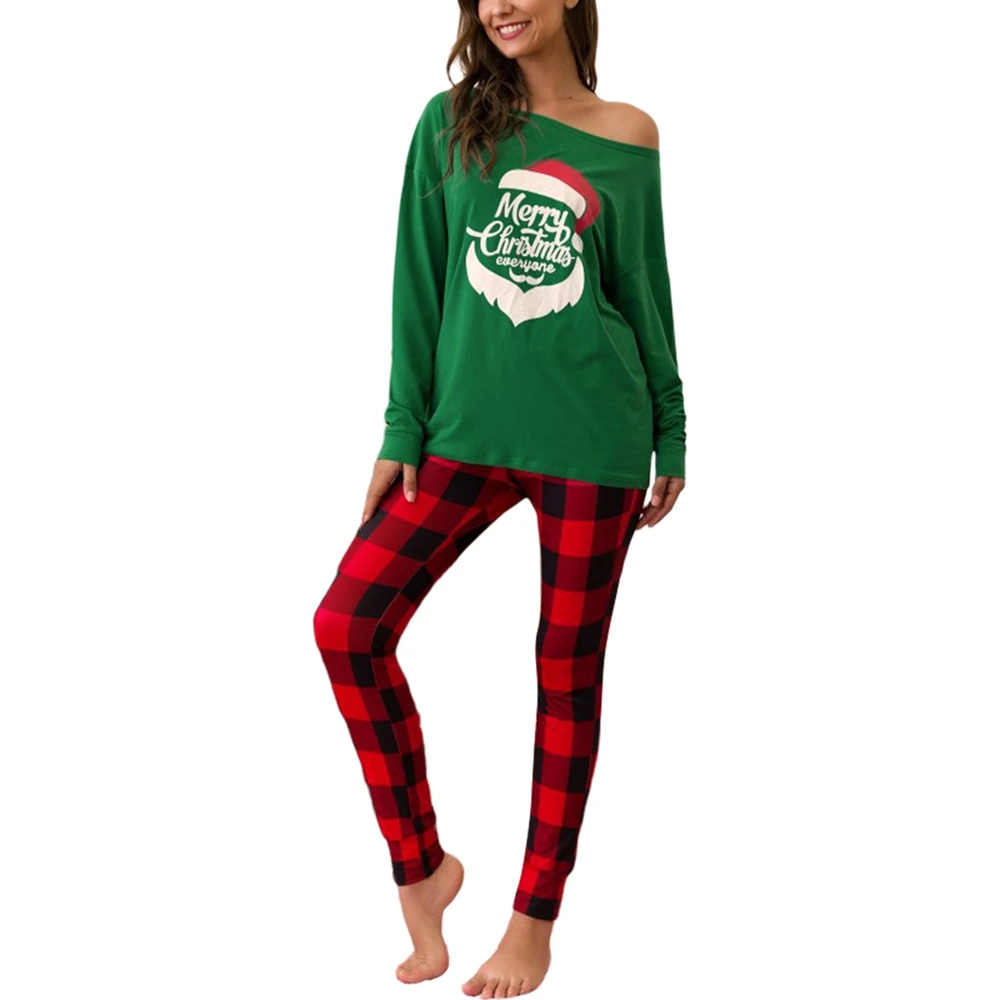 2PCS Set Christmas Women Pajama Sets Printed Long sleeve Loose T shirt Top And Plaid Pants Suit Women Casual Home Clothes