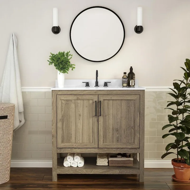 

Bathroom Vanity With Sink Combo,Storage Cabinet With Soft Close Doors And Open Shelf,Marble Finish Countertop Home Furniture