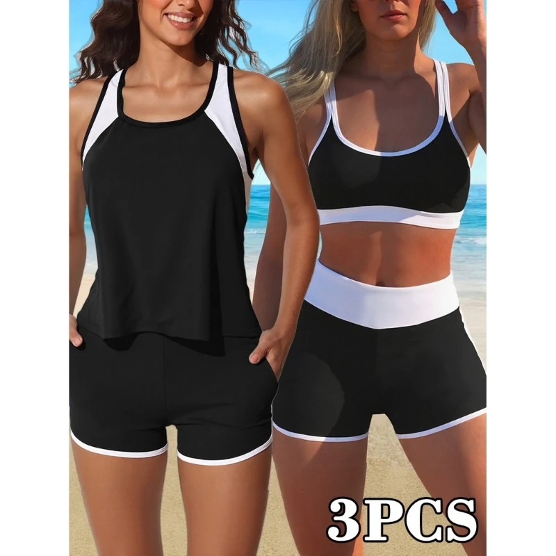 Women Swimwears Tankini Set with Boyshorts and Beach Coverup Adjustable Strap Swimming Costume Tankini for Beach Sports 69HD