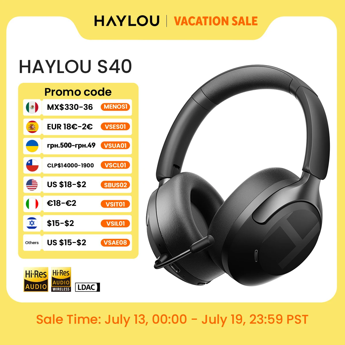 HAYLOU S40 ANC 무선 헤드폰 50dB 노이즈 캔슬링 하이 레졸루션 3D 공간 오디오 이어폰(LDAC 블루투스 6.0 탑재) 오버이어 헤드셋