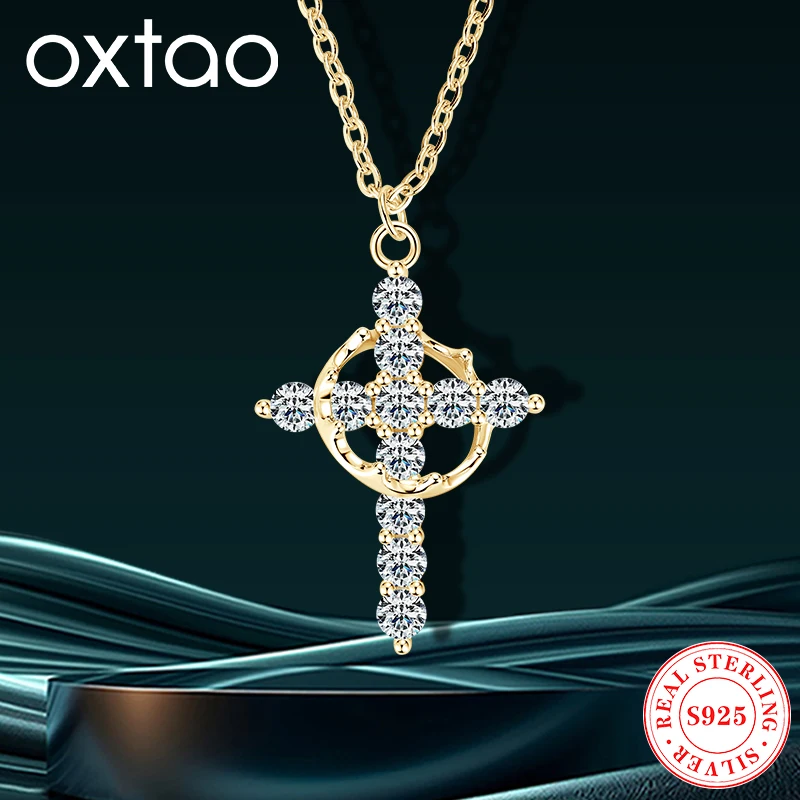 

OXTAO Rotatable Crown Cross Moissanite Pendant Necklace Certified For Women 925 Sterling Silver Party Statement Jewelry Gift
