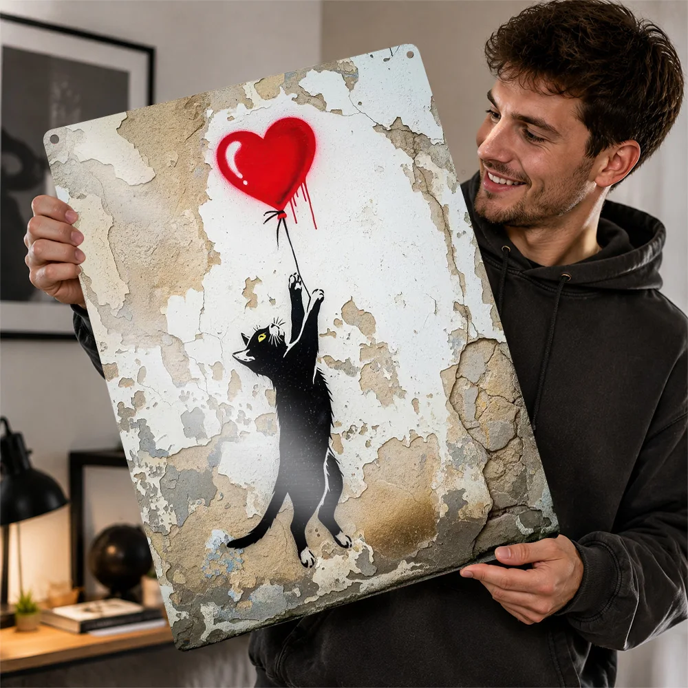Black Cat With Heart Balloon Printed Poster Stencil Wall Art For Living Room Customized Aluminum Metal Sign Nature Lover Gift