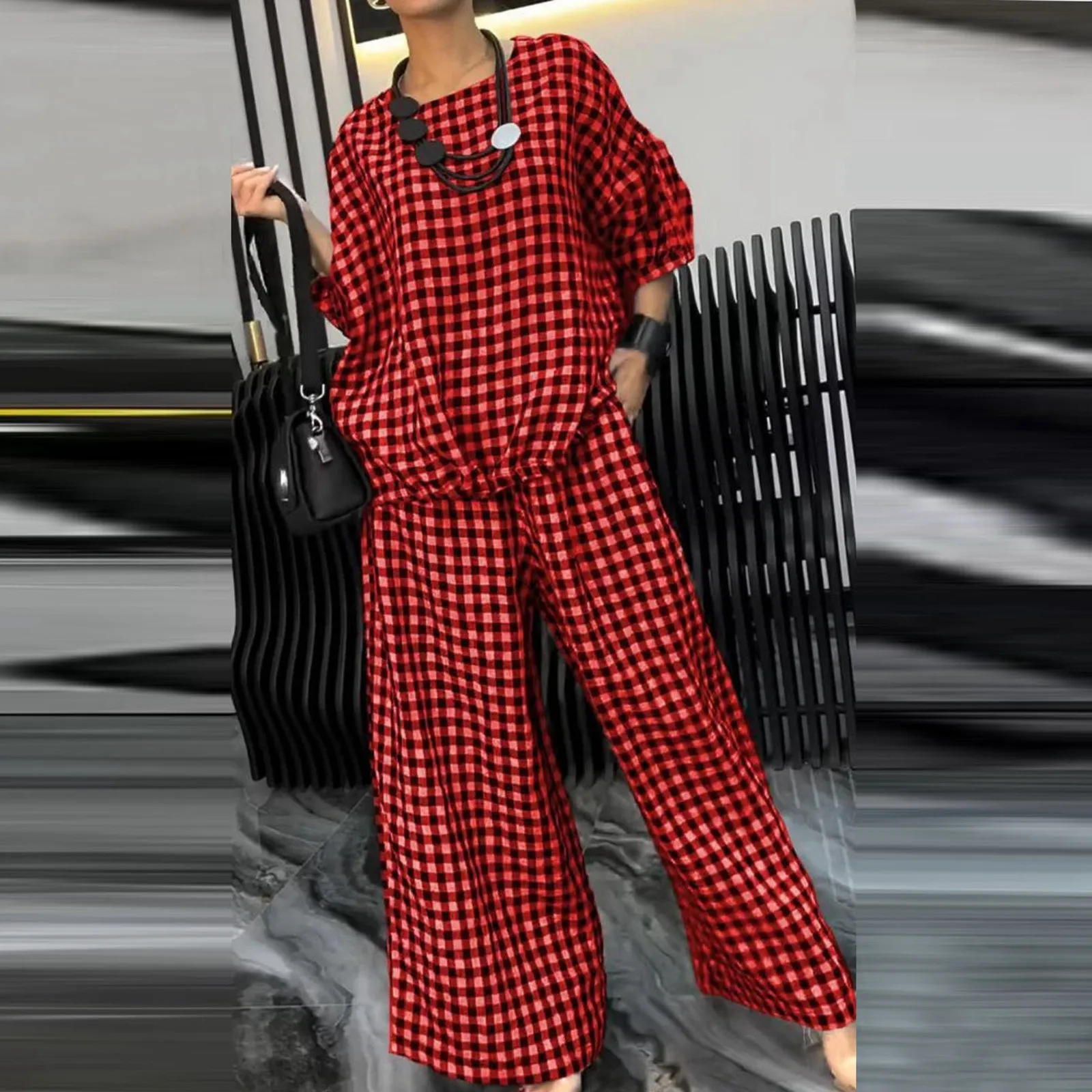 

Women's Trousers Suits Loose Plaid Pants Sets For Women Drawstring Elastic Waist Wid Leg Pant And Round Neck Long Sleeve Tops