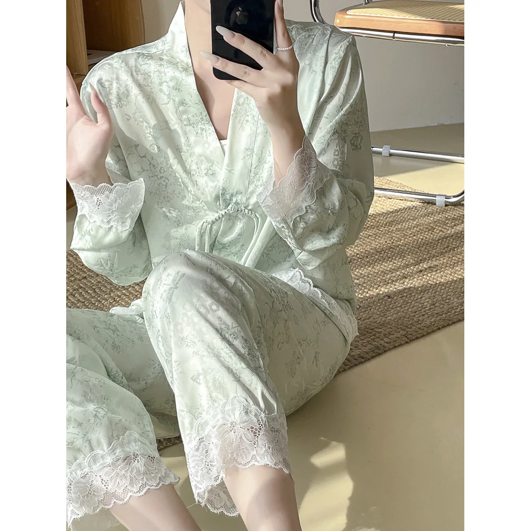 Women Pajamas Chinese Style Print Flower 2PCS Sleep Set Lounge Wear Spring Autumn Satin Long Sleeve Trouser Suits Home Wear