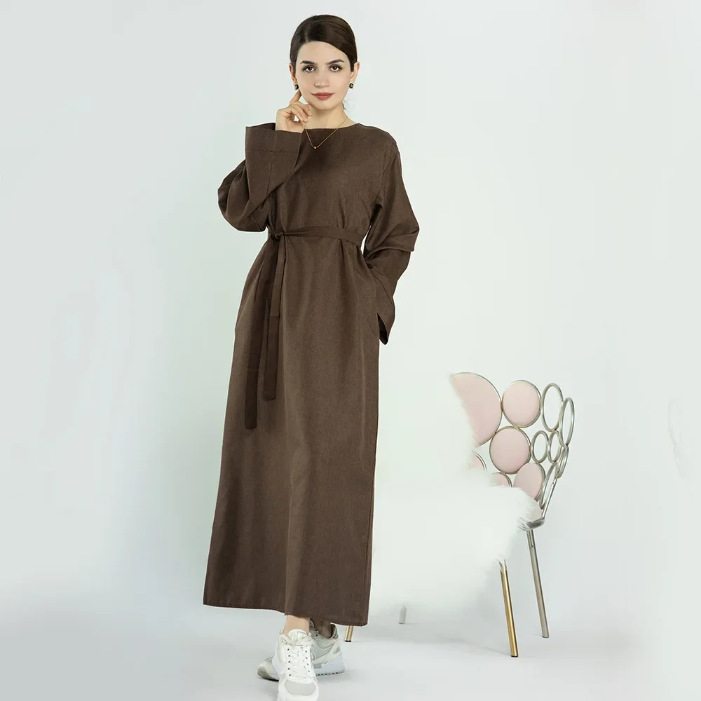 Eid Cotton Linen Muslim Abaya Dress Dubai Turkey casual Abayas African Dresses for Women with Belt Kaftan Robe Islamic Clothing