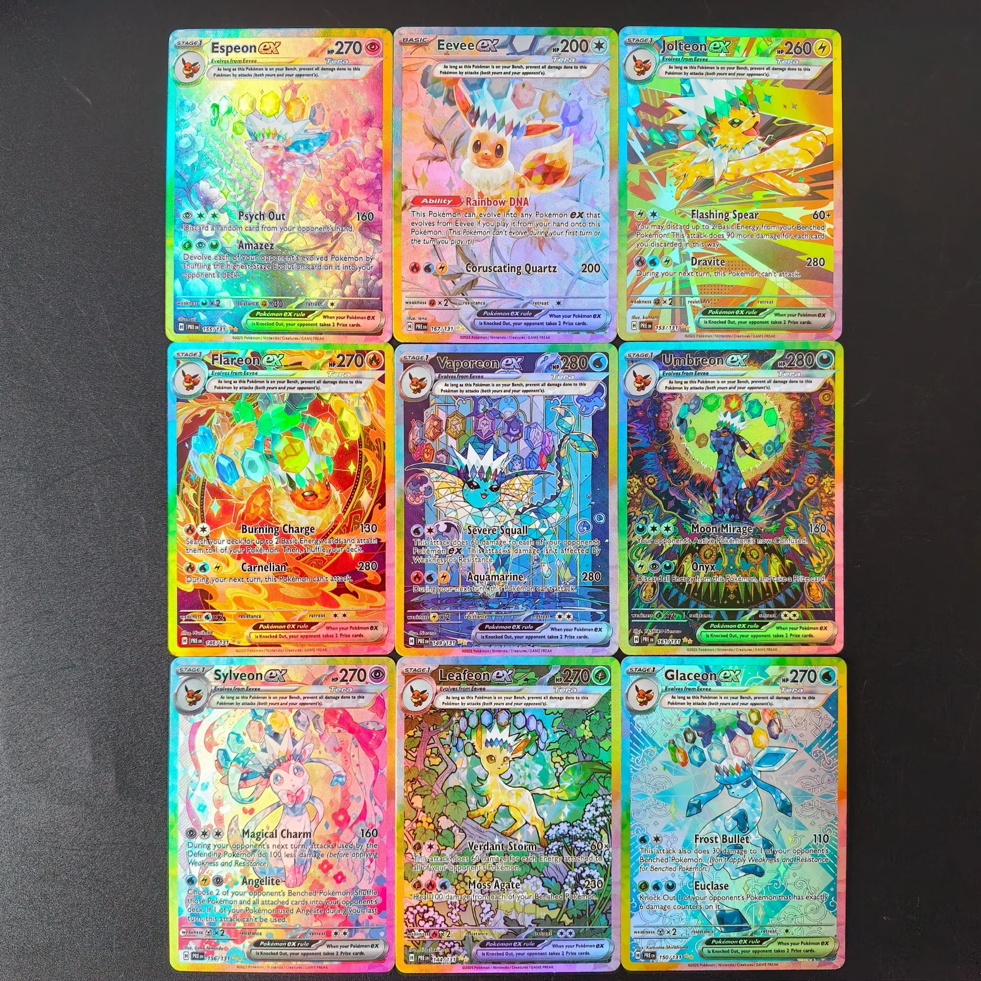 9PCS/Englische PKM Eeveelutions EX Full Art Holo Karten DIY TCG Eevee Umbreon Sylveon Espeon Fortgeschrittene Anime Sammelkarten