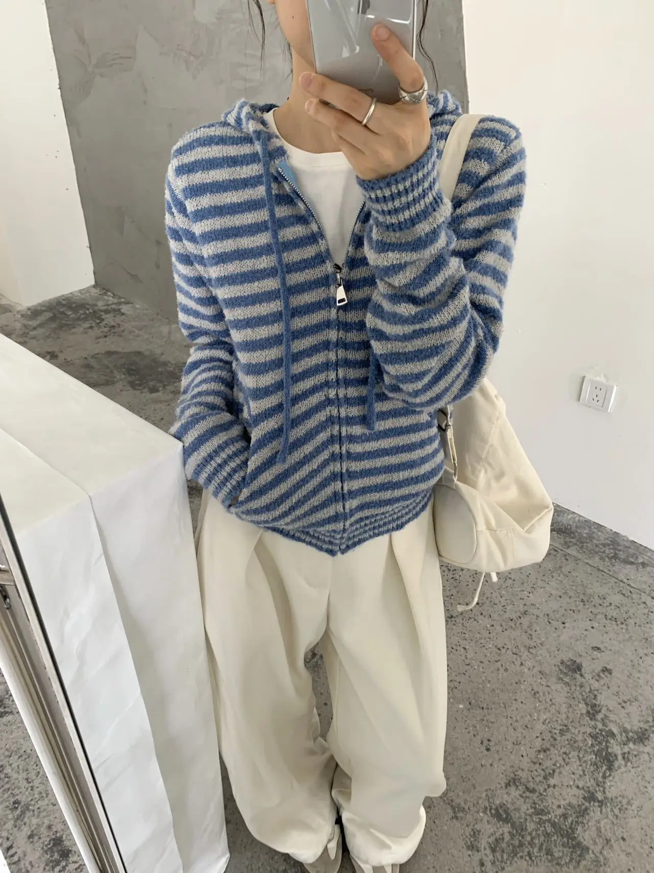 Color Blocking Striped Hooded Knitted Cardigan American Retro Autumn New Casual Fashion Drawstring Women Sweater Jumpers Coat