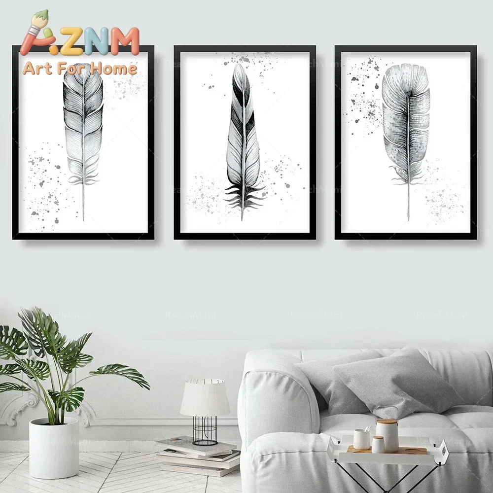AZNM Black White Feather Sketch Canvas Wall Art Minimalist Ink Splatter Frameless Print for Living Room Bedroom Home Decor