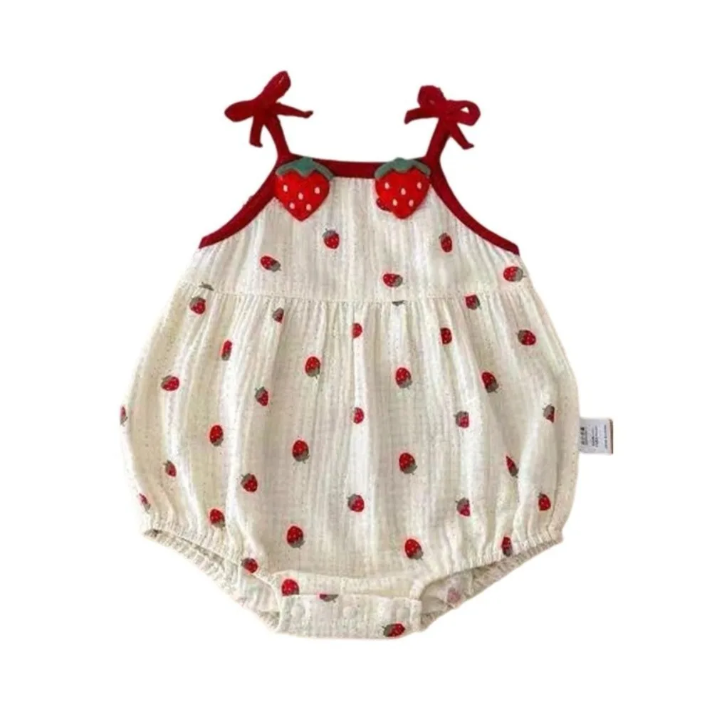 Cute Strawberry Printed Baby Sling Jumpsuit Sweet Bow Thin Baby Romper Baby Clothes Baby Girl