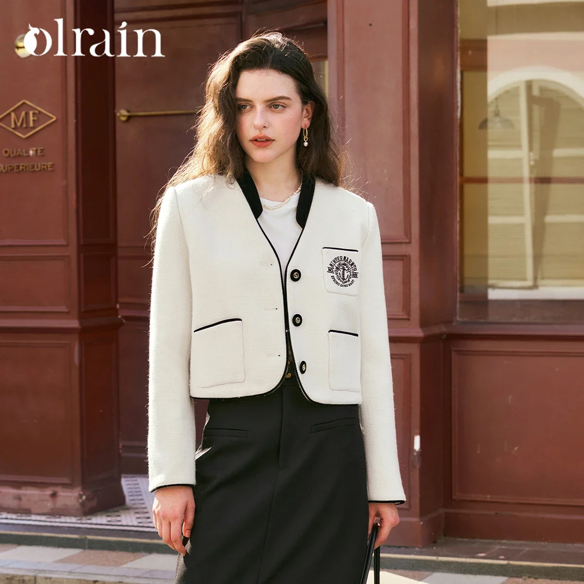 OLrain Women's Cropped Tweed Jacket Spring Luxury 2026 Contrast Color Long Sleeve Top Commute Short Coat for Ladies GN56QW90201