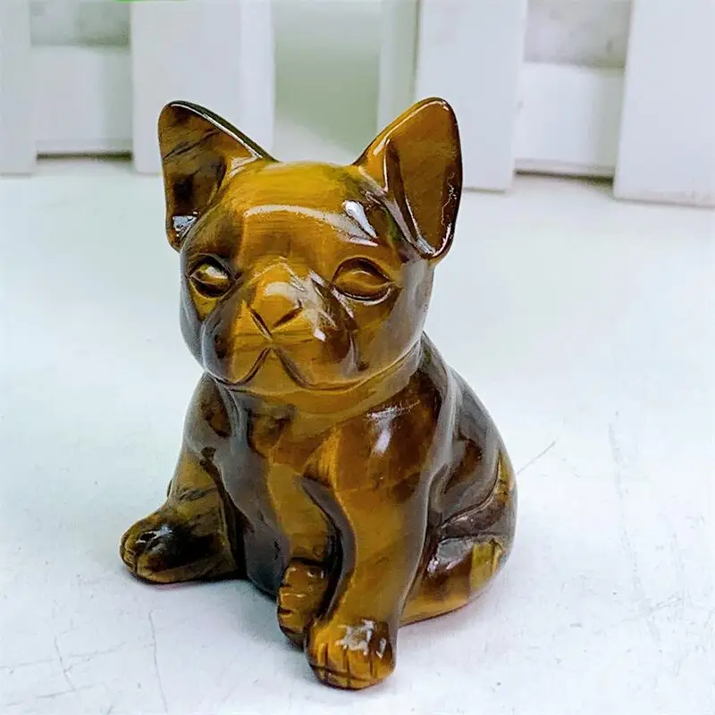 5.5cm Natural Tiger Eye Stone French Bulldog Dog Figurine Healing Crystal Aesthetic Decor Luck Witch Halloween Gift 1pcs