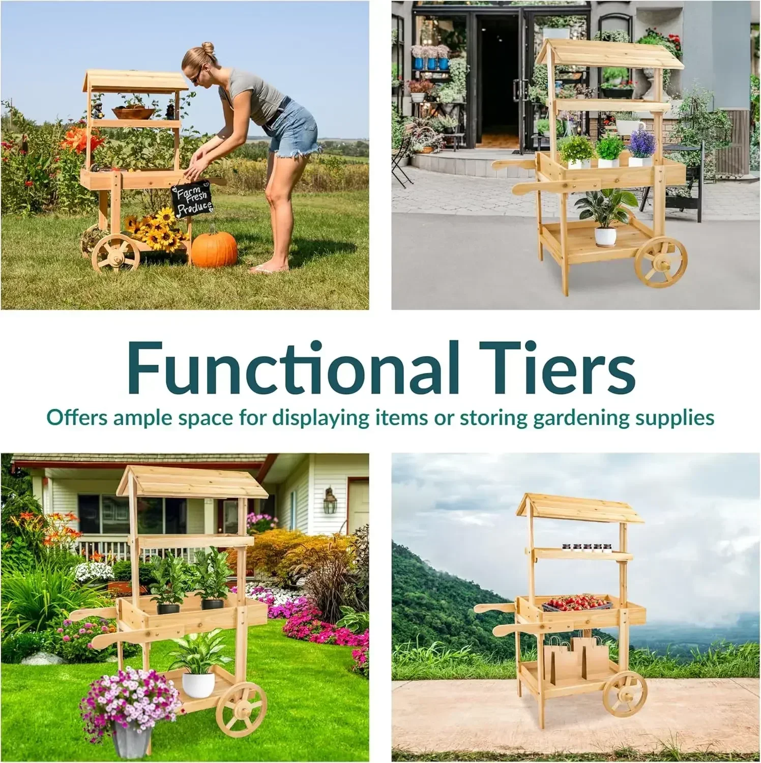 [New Arrival, Free Shipping!]Country Market Flower Cart Display Stand with Wheels  2 Shelve Fir Wood  30 lb Weight Capacity Natu