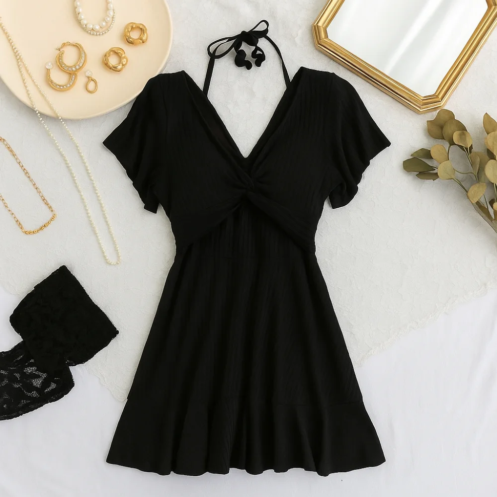 

Sweet Safety Pants Halter Skirt Swimsuit Pleated Short Sleeve Bathing Swimwear Suit Beachwear Swimwear with Padded Vacation