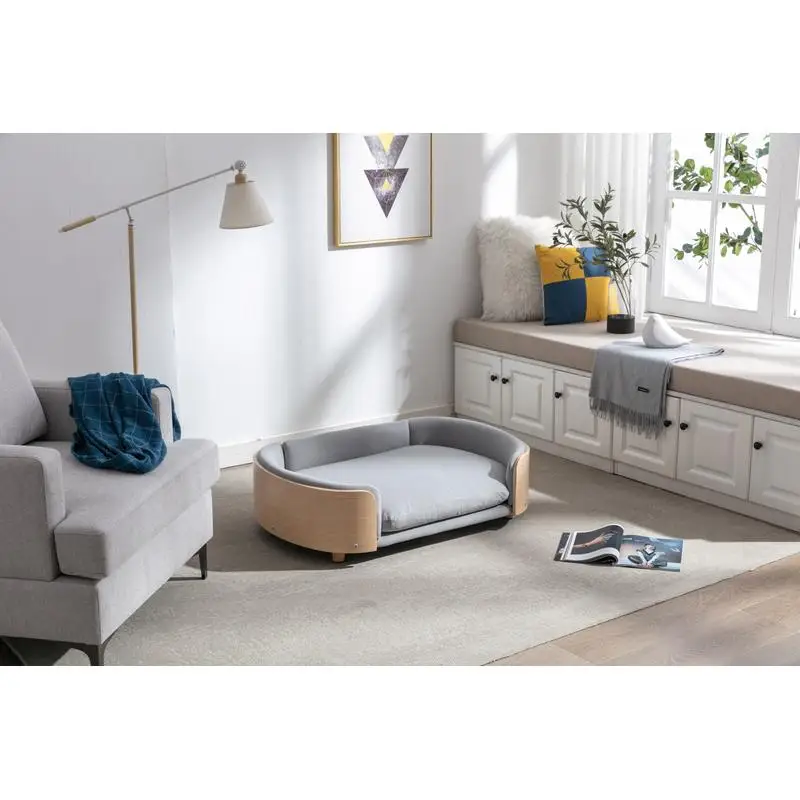 أريكة سكاندي المرتفعة لسرير الكلاب مع أرجل خشبية صلبة، ظهر خشبي منحني، وسادة مخملية، مقاس كبير #1