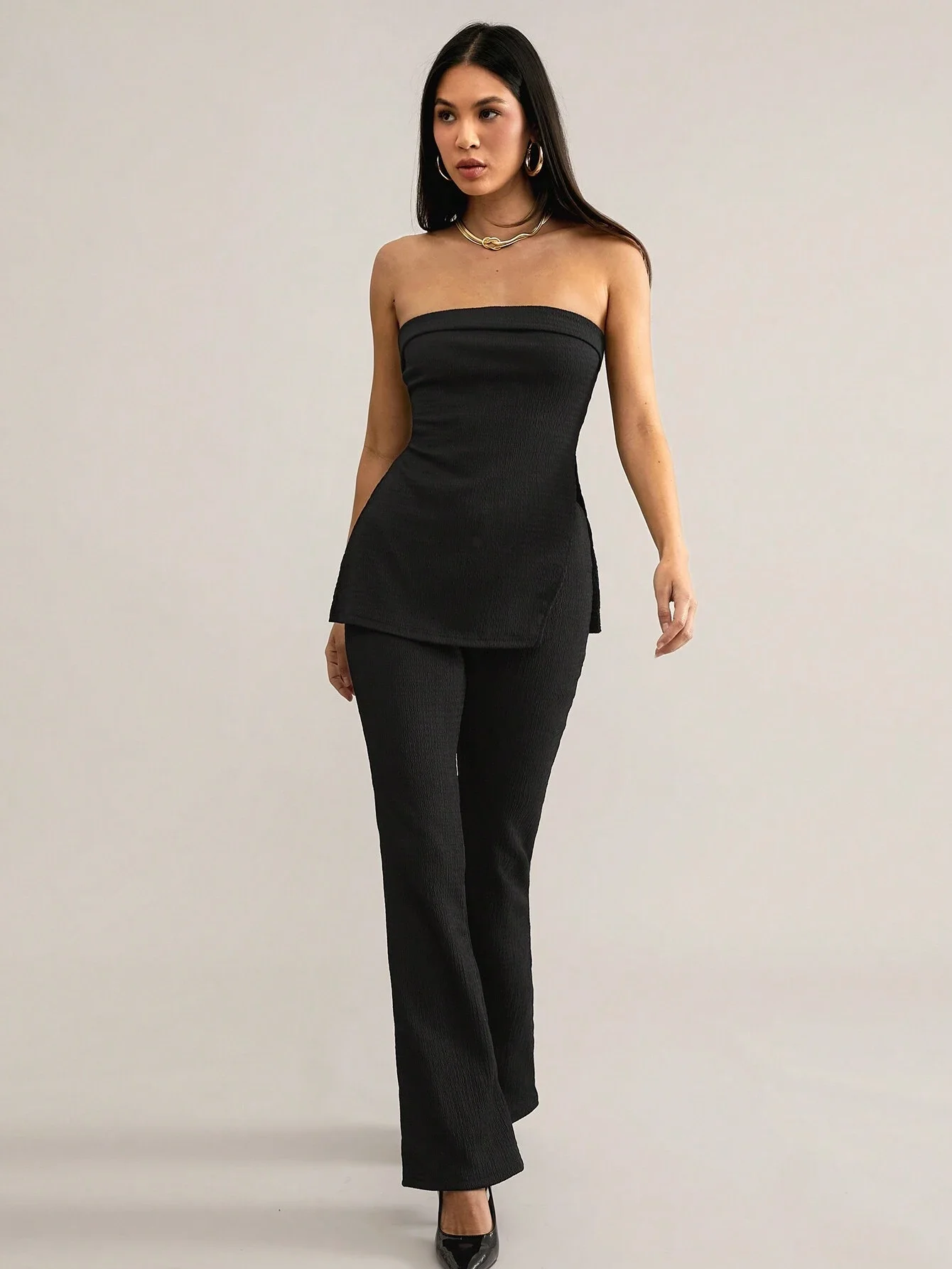 

Черный комплект из топа-бюстье и расклешенных брюк, повседневный асимметричный женский наряд без рукавов