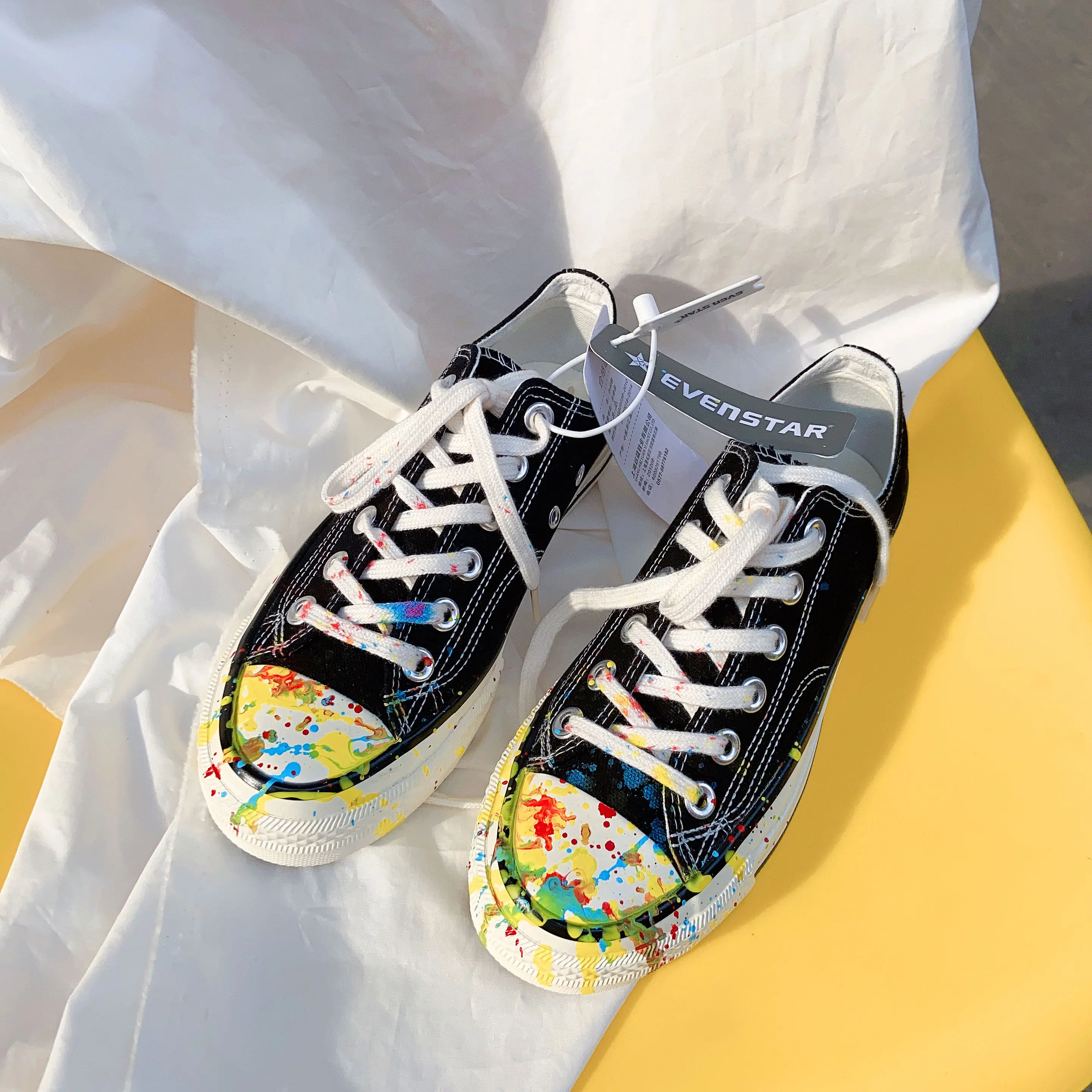 Women's Korean Style Black High-top Canvas Sneakers With Hand-painted Colorful Splash Design Casual Streetwear Shoes