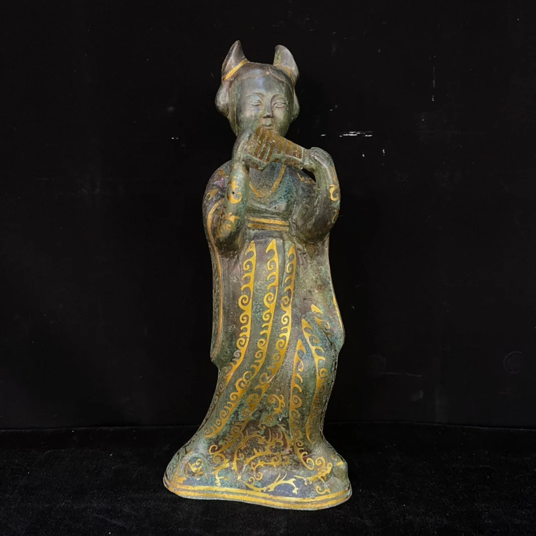 Old hand-caved bronze inlaid with gold female musicians,#04