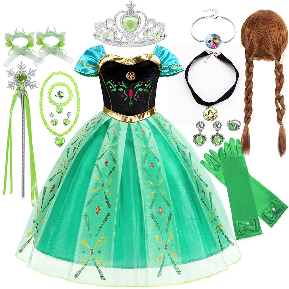 

Classic Movie "Frozen" Girl plays Princess Elsa Sister Anna Princess Christmas Ball Dress Green Embroidered Floral Dress