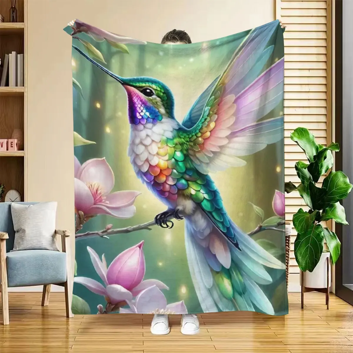 Hummingbird Floral Print Flannel Throw Blanket, Reversible Digital Printing, Soft Comfortable Home Decor Couch Blanket