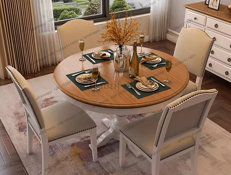 American all solid wood round table Mediterranean dining table restaurant furniture simple